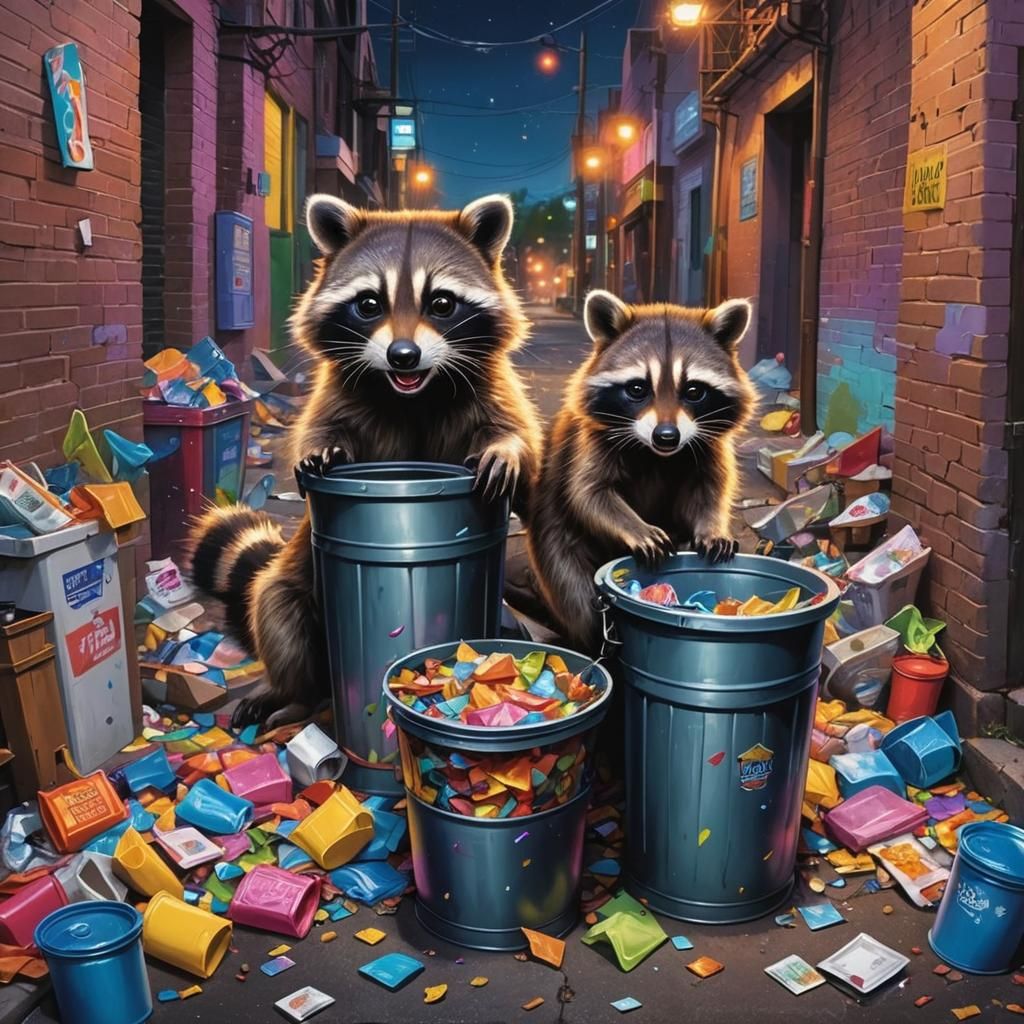 Raccoons in Alley: Lisa Frank Hyperrealistic Splash Art