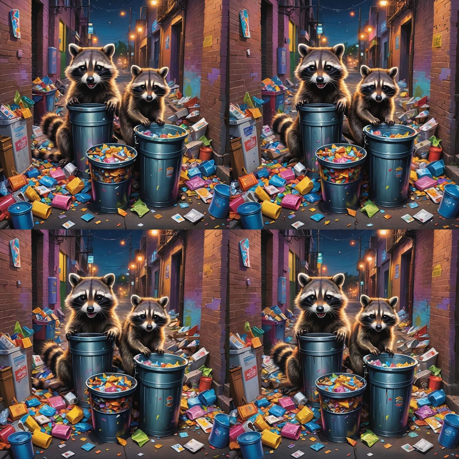 Raccoons in Alley, Lisa Frank Hyperrealistic Art