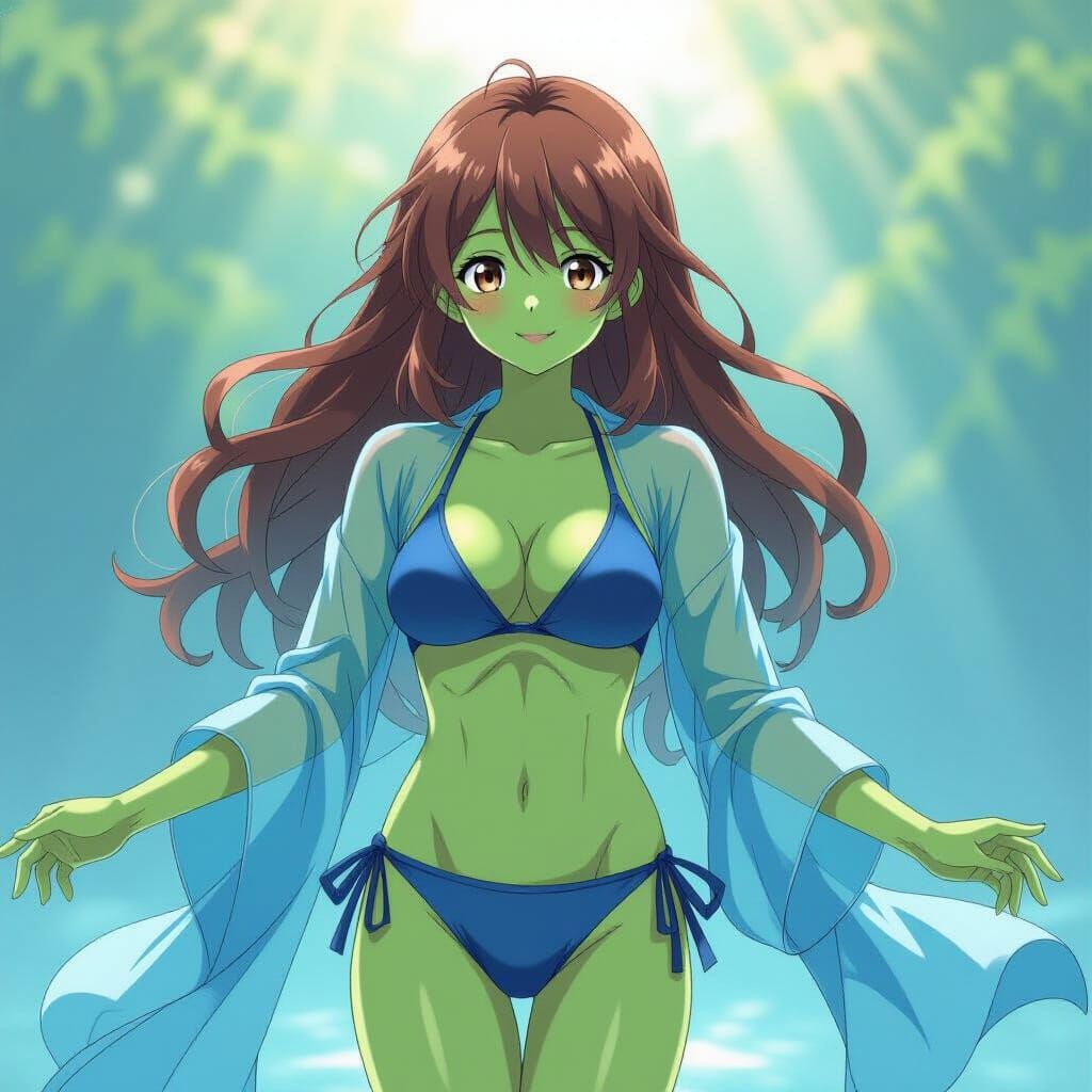 Green-Skinned Anime Girl in Flowing Blue Robe