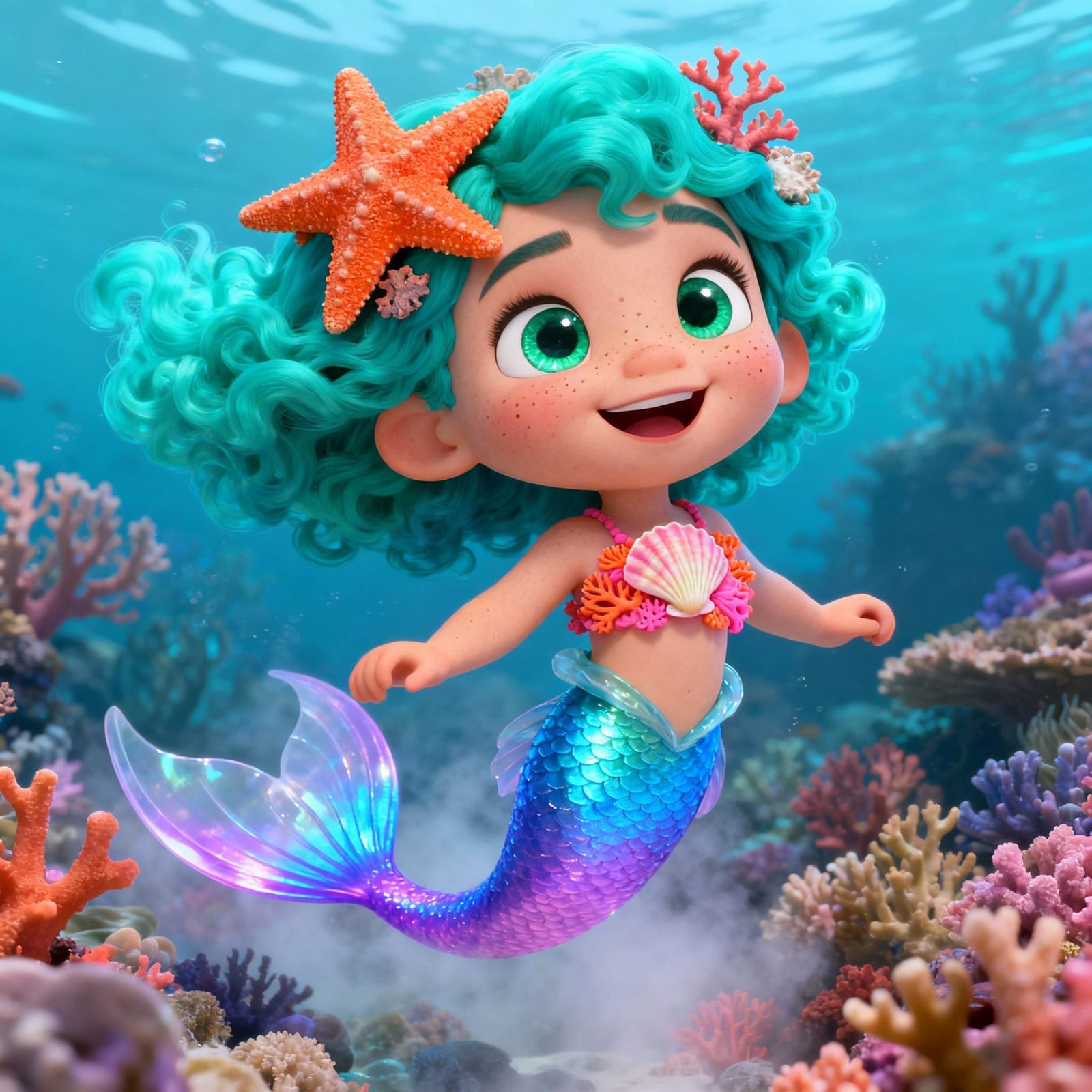 Whimsical Mermaid Girl with Turquoise Hair and Emerald Eyes