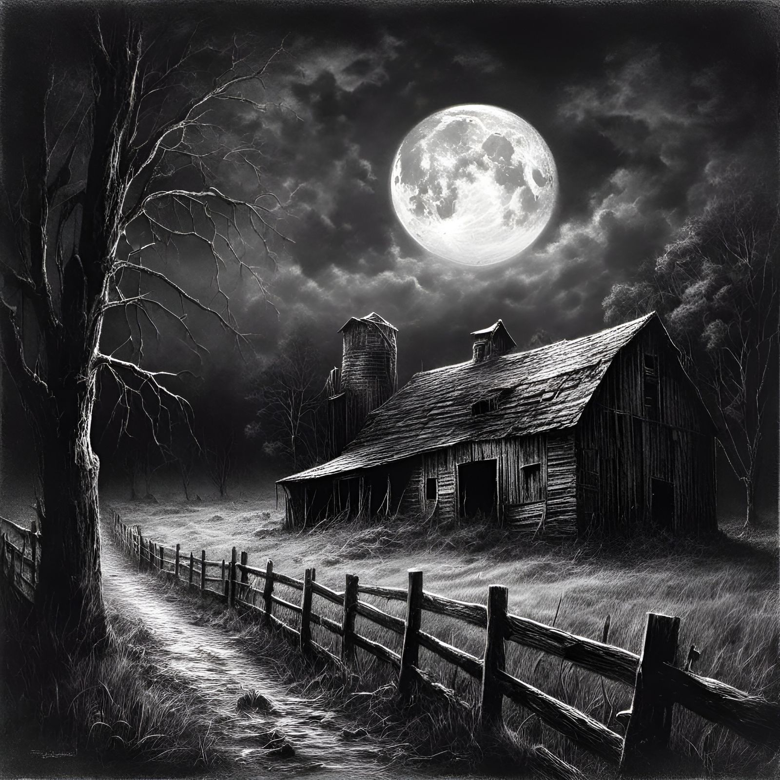 Owl on Fencepost at Moonrise, Charcoal Drawing