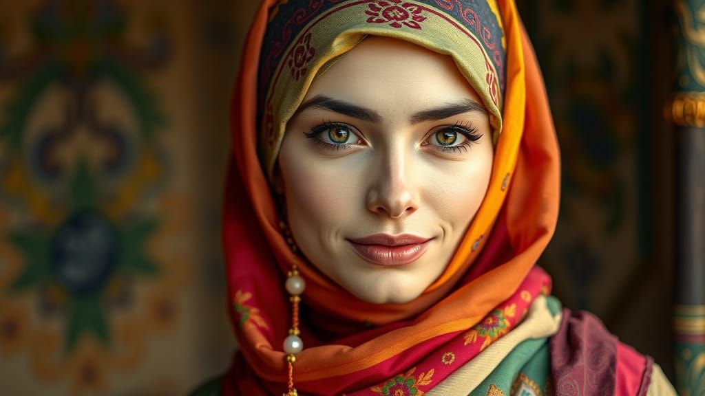 A lady wearing a Head Scarf in beautiful colours