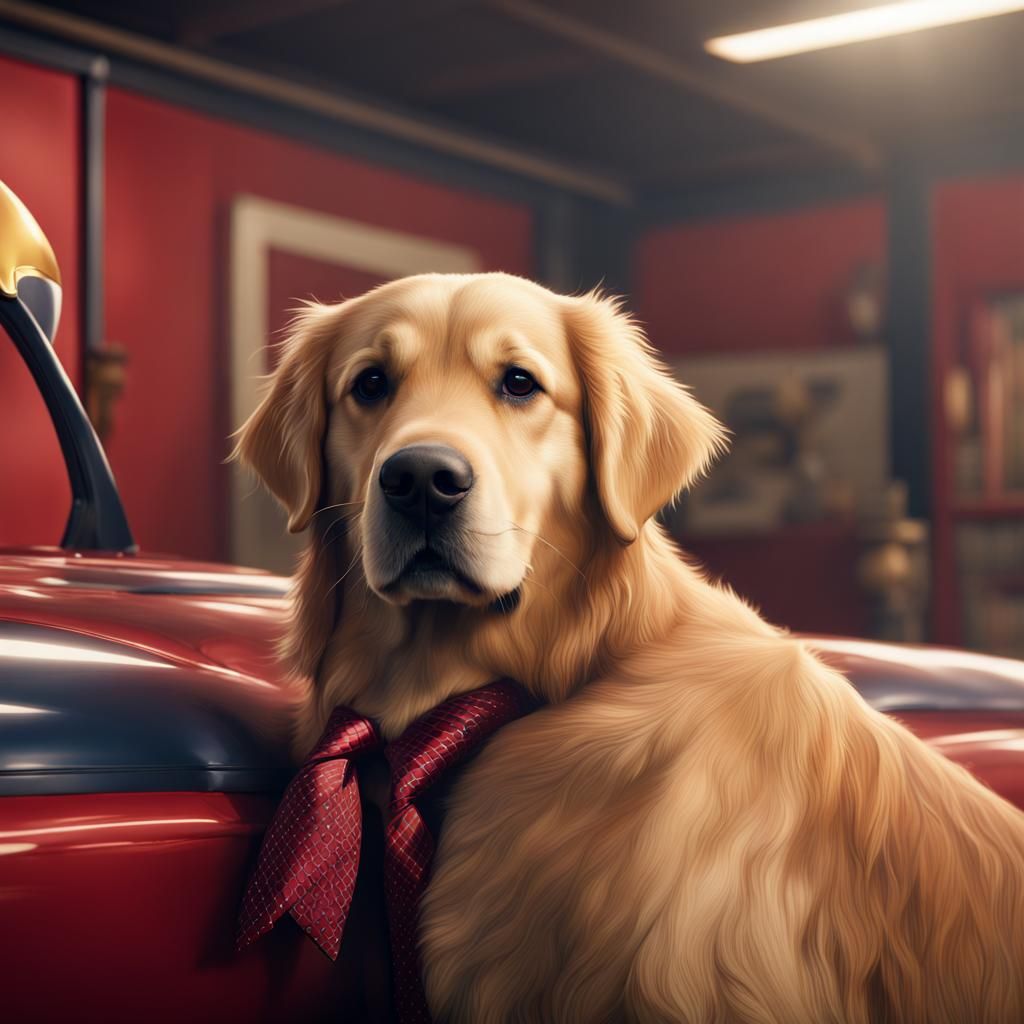 Golden Retriever in Red Bull Ad, Detailed Matte Painting