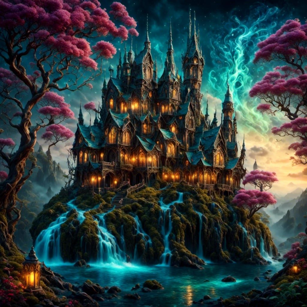 Bioluminescent Elven Palace with Filigree Details
