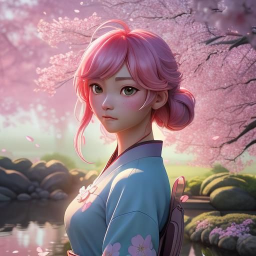Anime Portrait of Woman in Japanese Garden