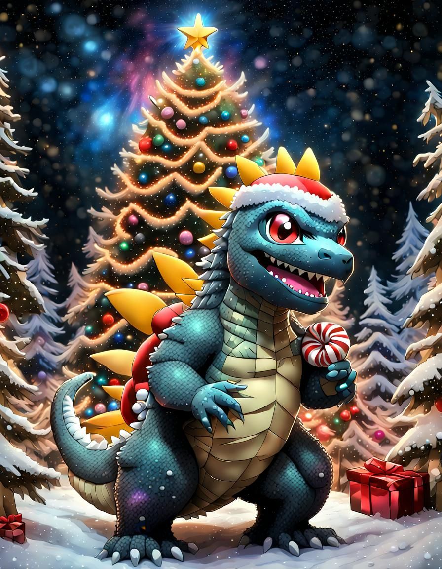 Christmas Godzilla in Pokemon Forest Style