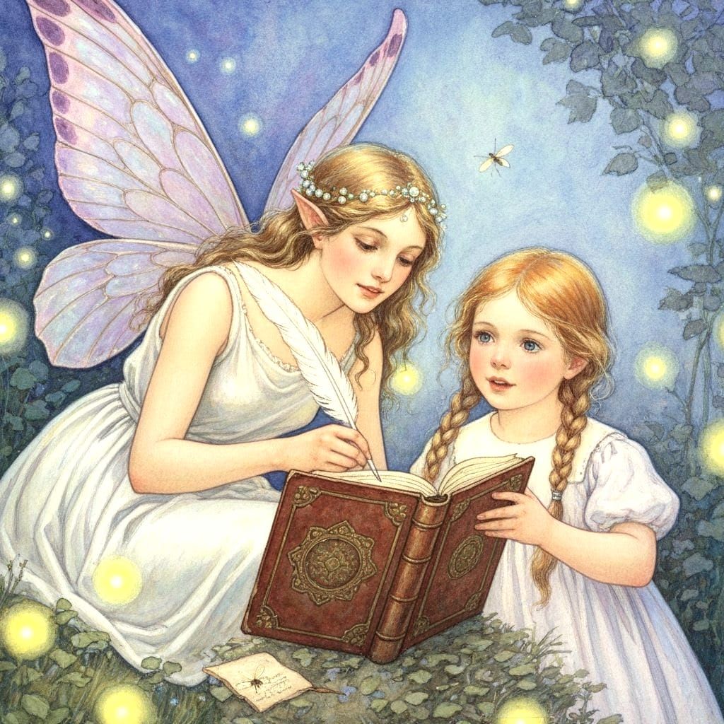 Fairy Writes in Little Girl's Friendship Book