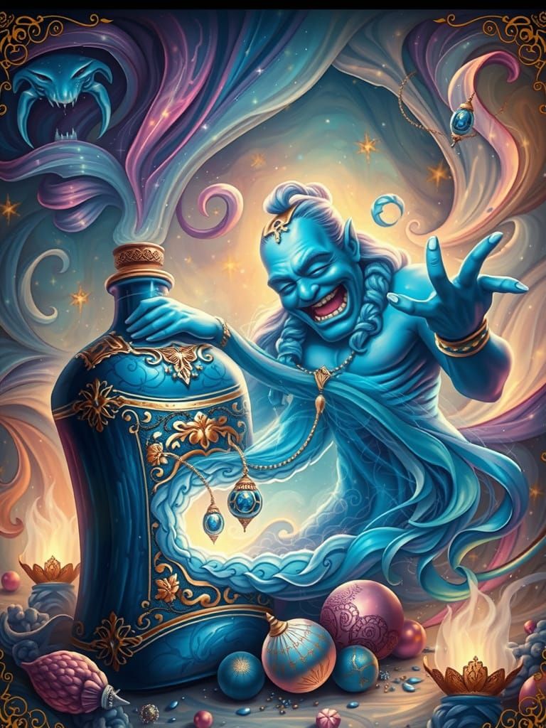 Mystical Blue Genie Emerges from Glass Bottle in Shimmering ...