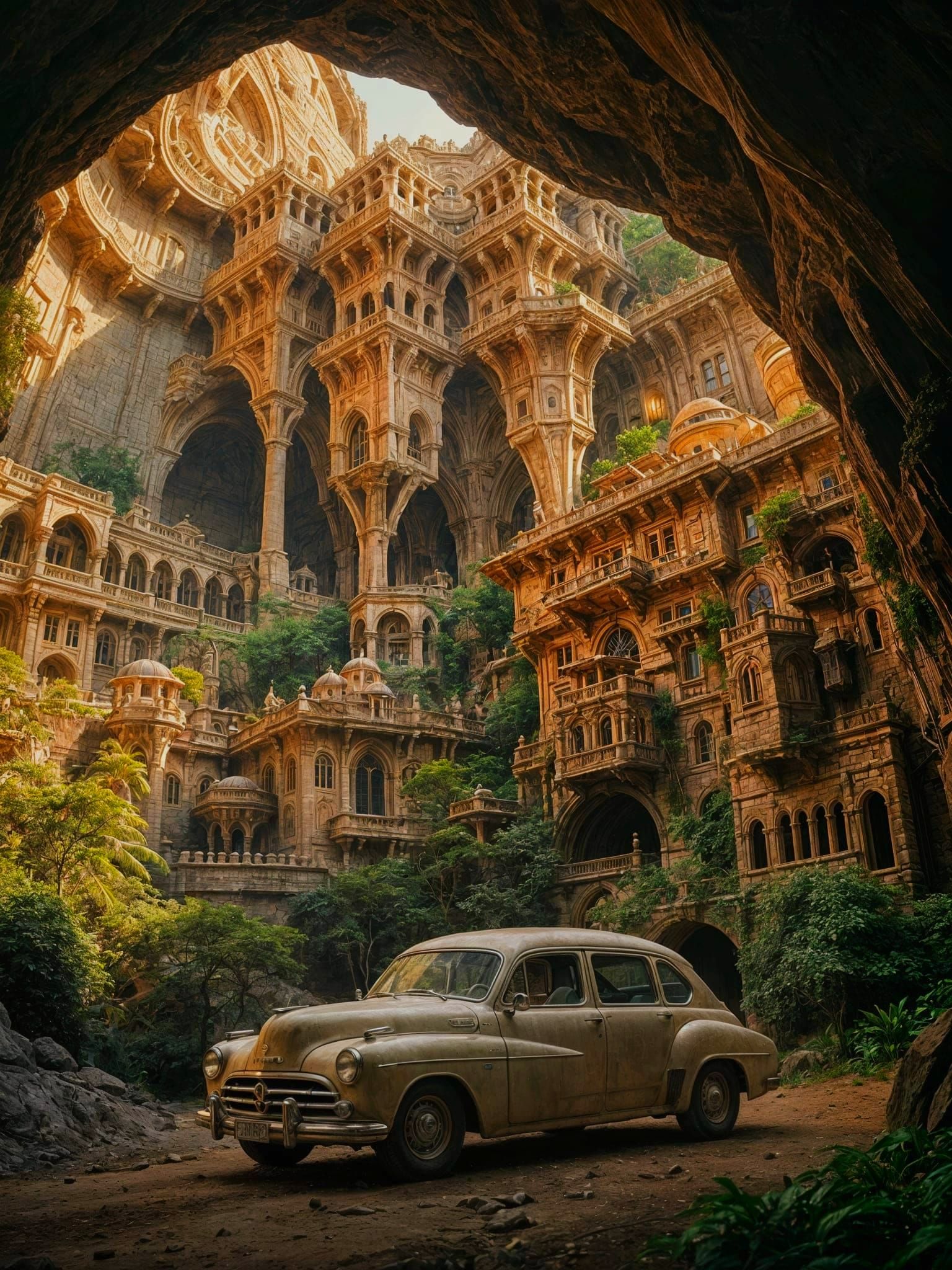 Steampunk Sedan in Carved Cave, Retro-Futuristic World