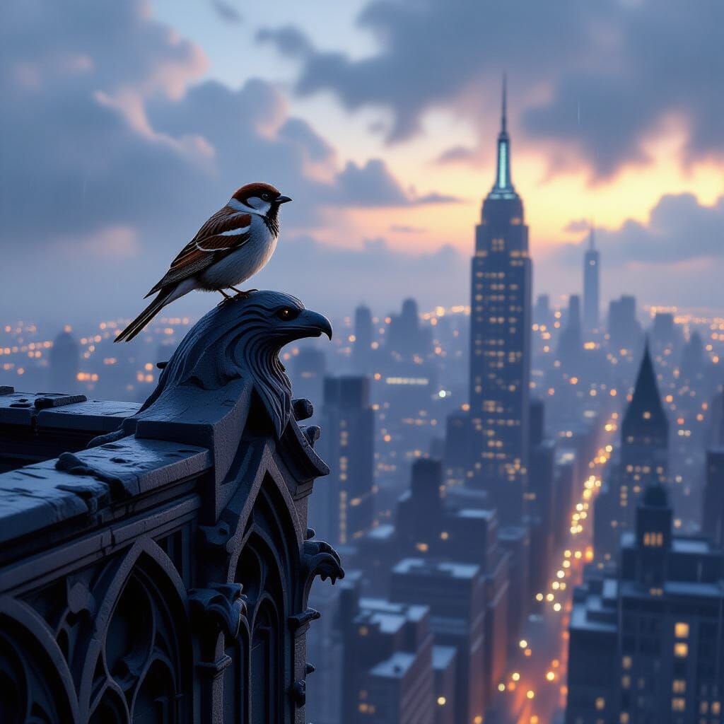 Sparrow on Gothic Skyscraper Overlooking Deserted Metropolis