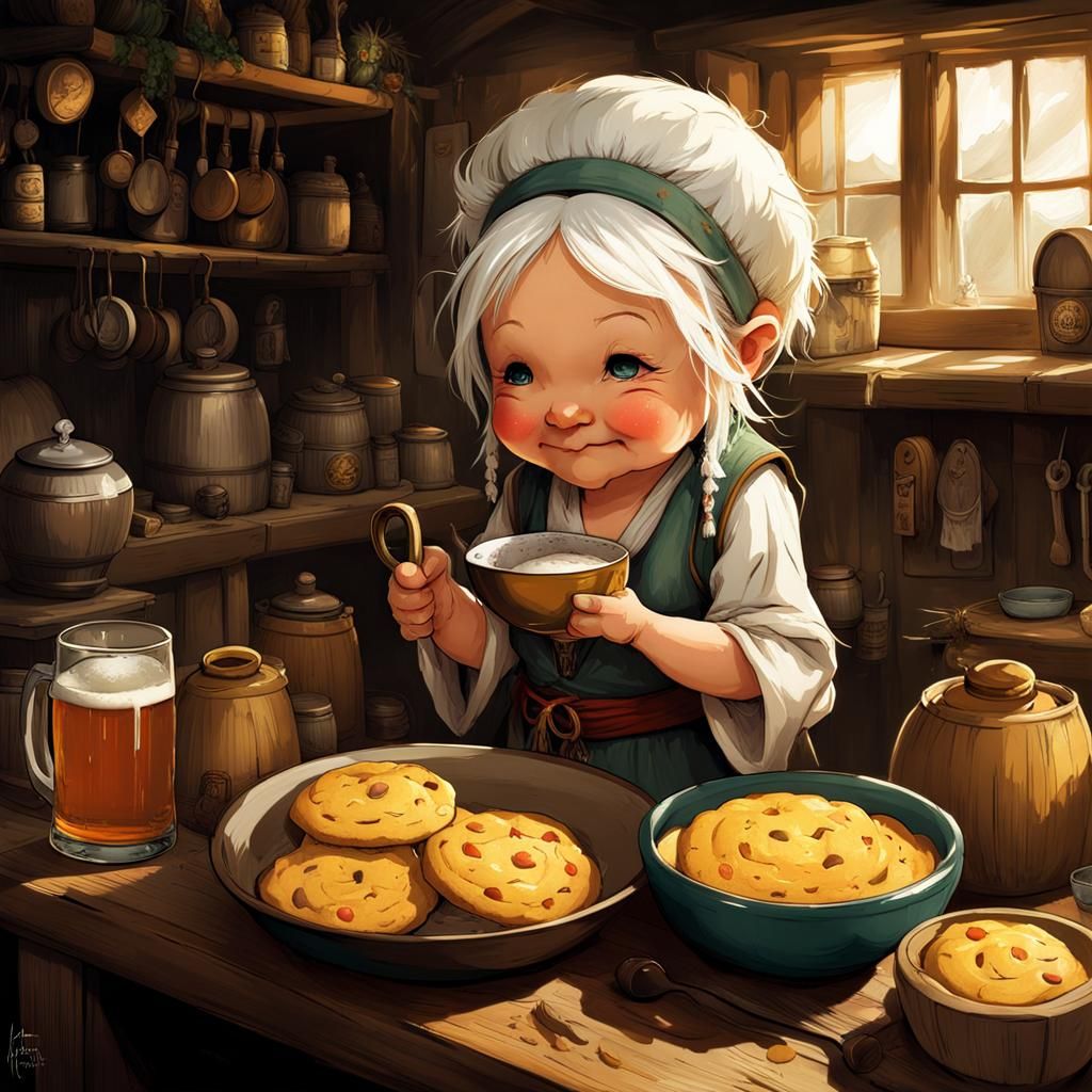 Chibi Hobbit Grandmother Baking Cookies in Kitchen