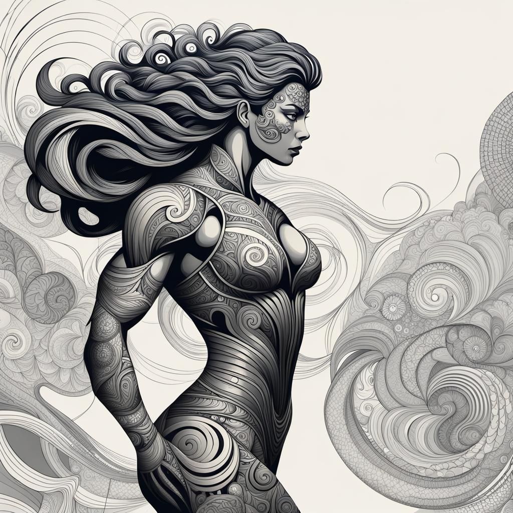 Retro Warrior Woman Portrait with Abstract Fractal Elements