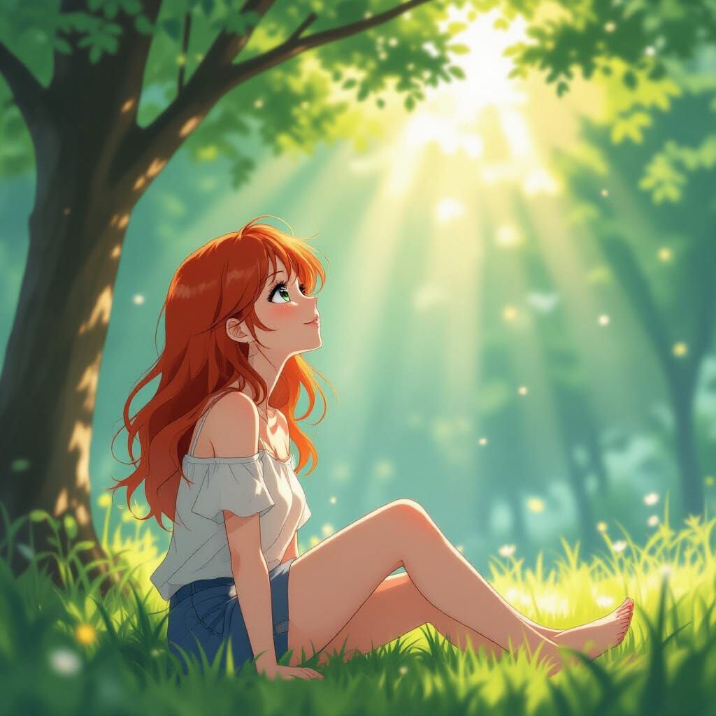 Anime Woman Bathed in Sunlight Under Forest Canopy