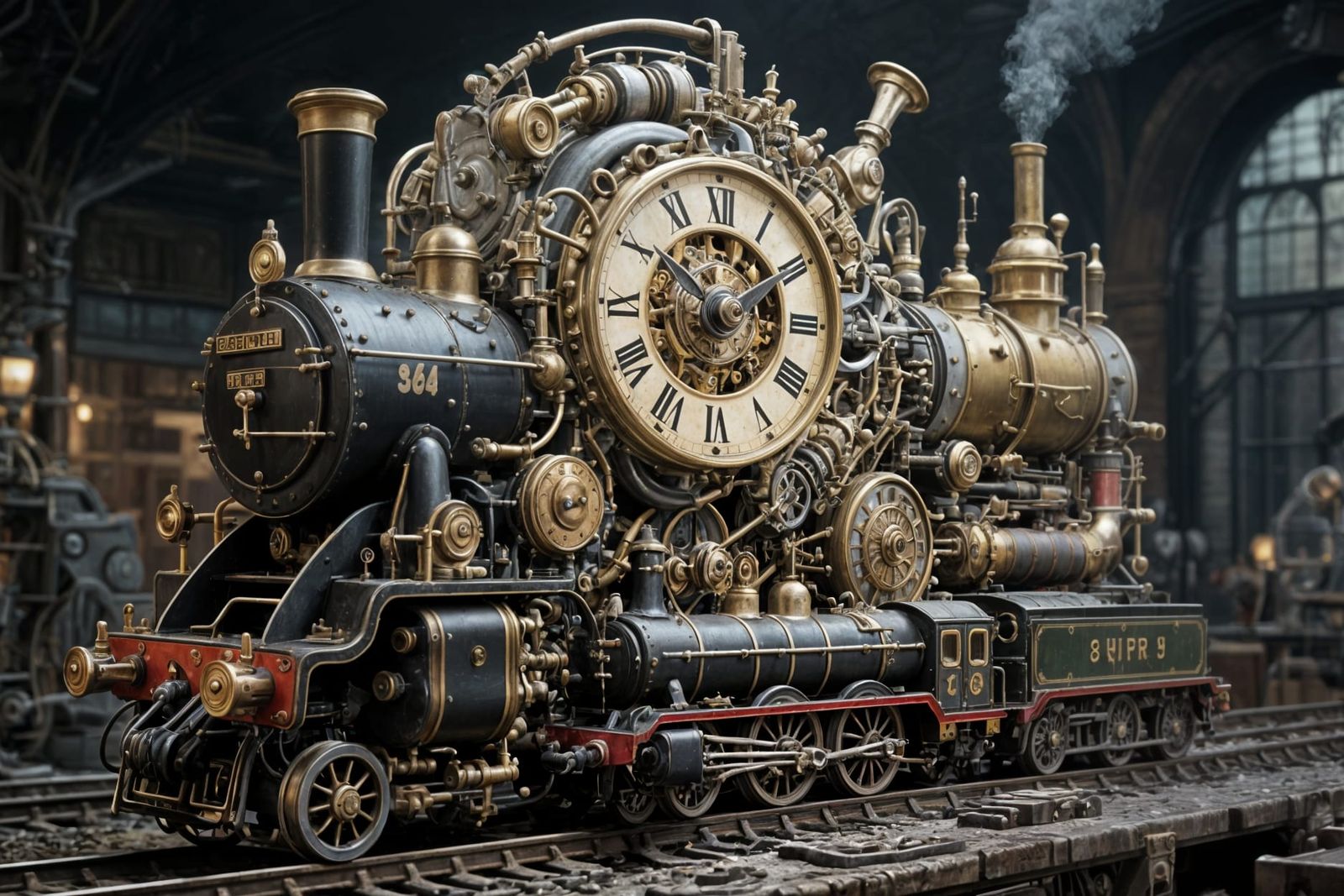 Baroque Clockwork Train Contraption in Hyperreal Detail