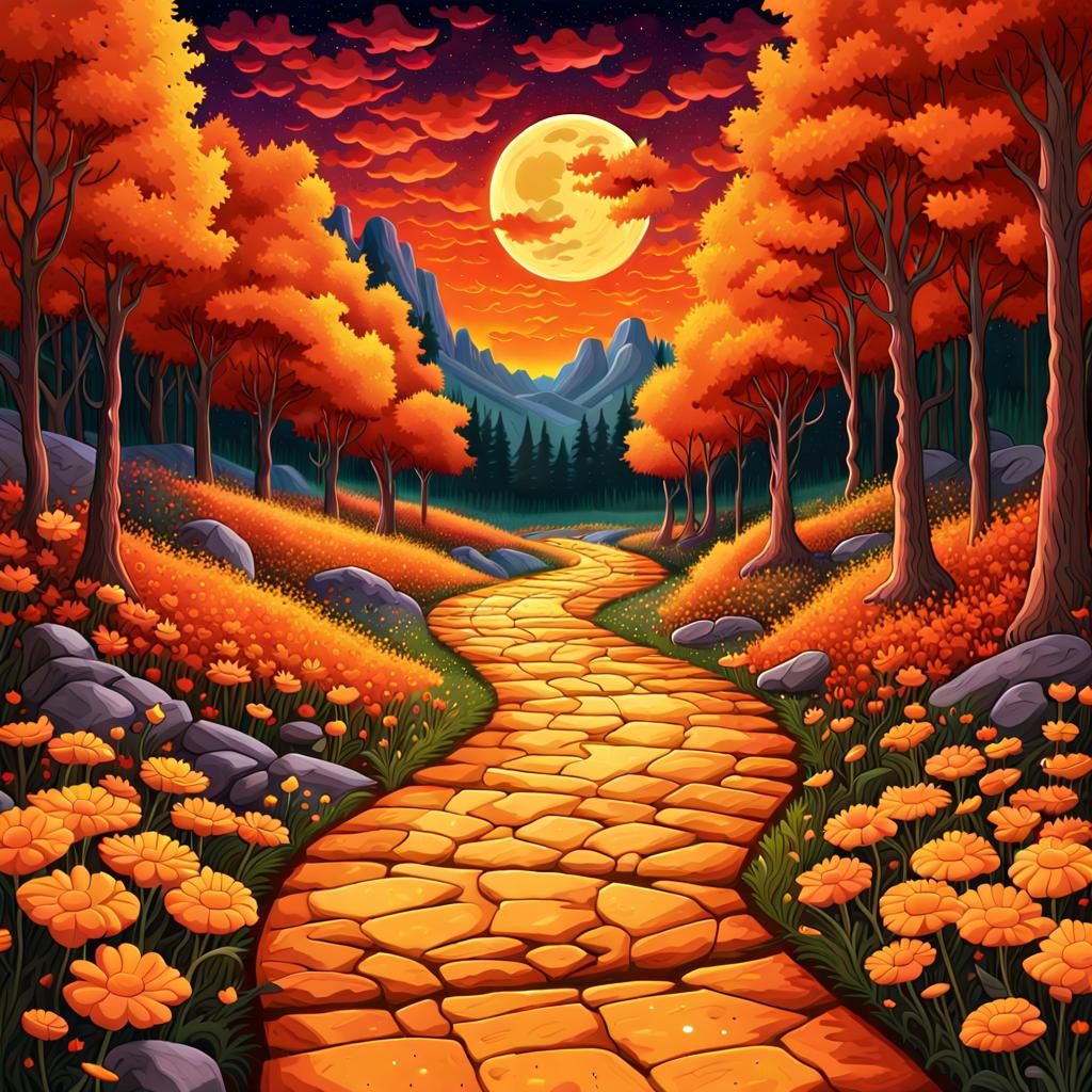 Psychedelic Golden Path Through Flower Field at Night