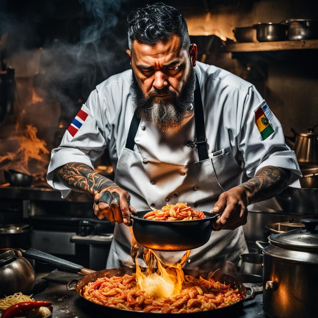 Chef in Chaotic Kitchen, Golden Hour Lighting