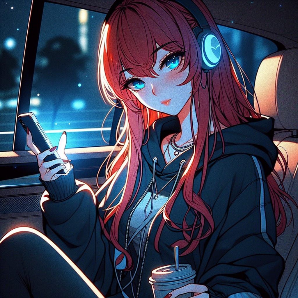 Anime Girl in Streetwear Style Drinking Coffee