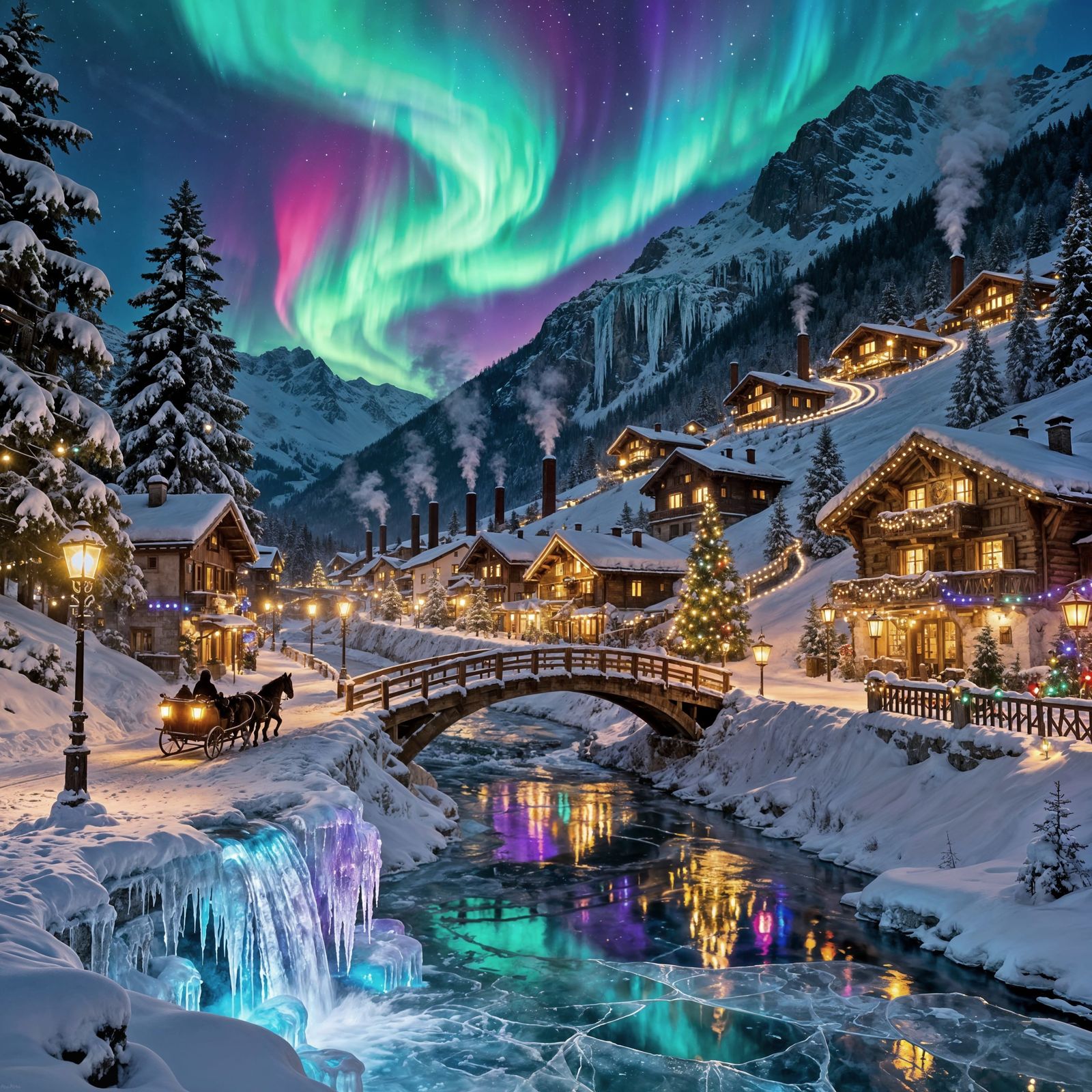 Spectacular Winter Village Under Vibrant Aurora Borealis