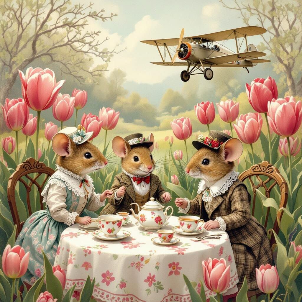 Mice Tea Party in Tulip Garden, Fairytale Illustration
