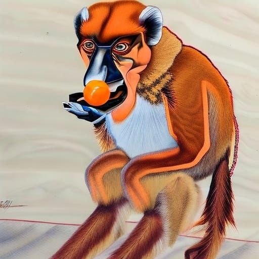Proboscis Monkey Enjoys Tangerine: Watercolor Painting