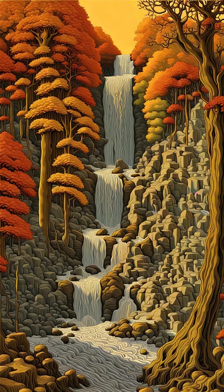 M. C. Escher's "aThe Waterfall done by French artist Mobius with seminude nymphs full brilliant woodland colors Splash a...