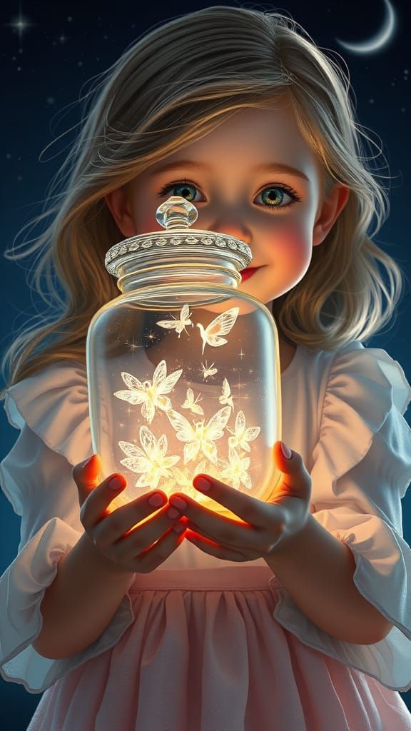Whimsical Girl Holds Jar of Iridescent Fairies in a Dreamlik...