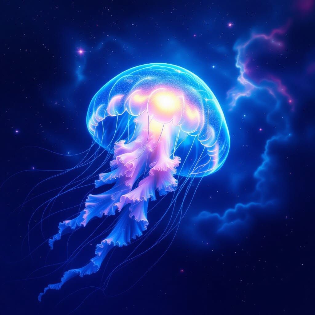 Bioluminescent Jellyfish in Cosmic Nebula Digital Painting