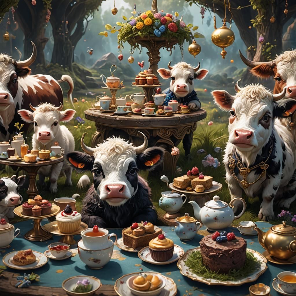 Fluffy Baby Cow Tea Party, Detailed Matte Painting