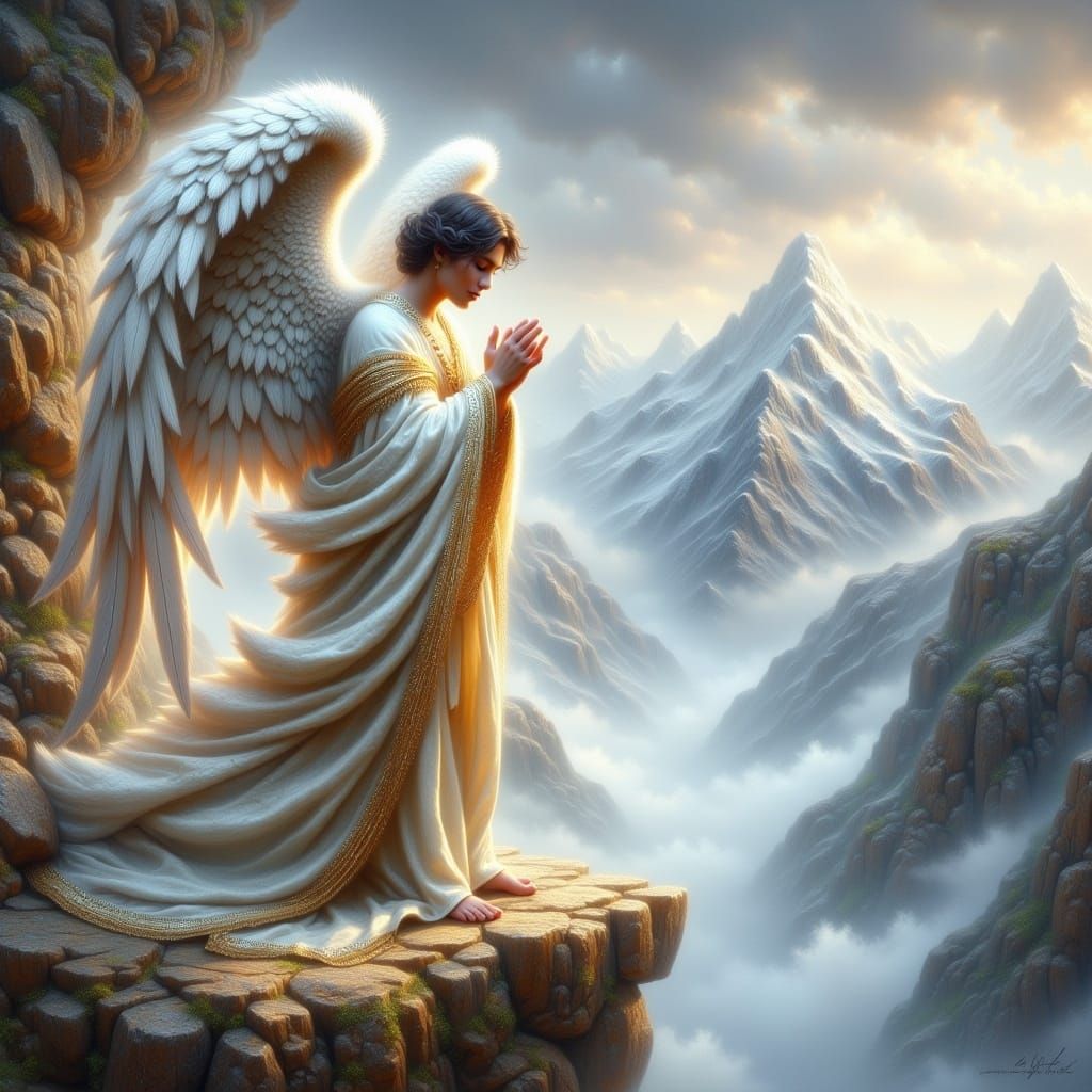 Majestic Angel Gazing Over Mountain Vista