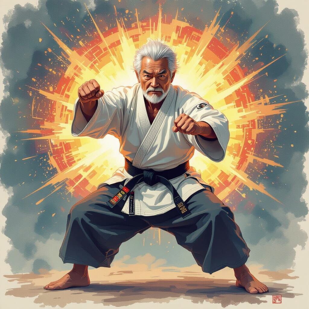 Energetic Elderly Japanese Man in Martial Arts Pose