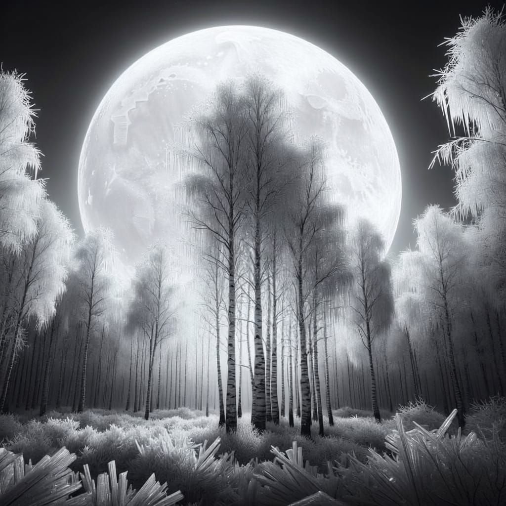 Ethereal Icy Birch Grove Under Silver Moon