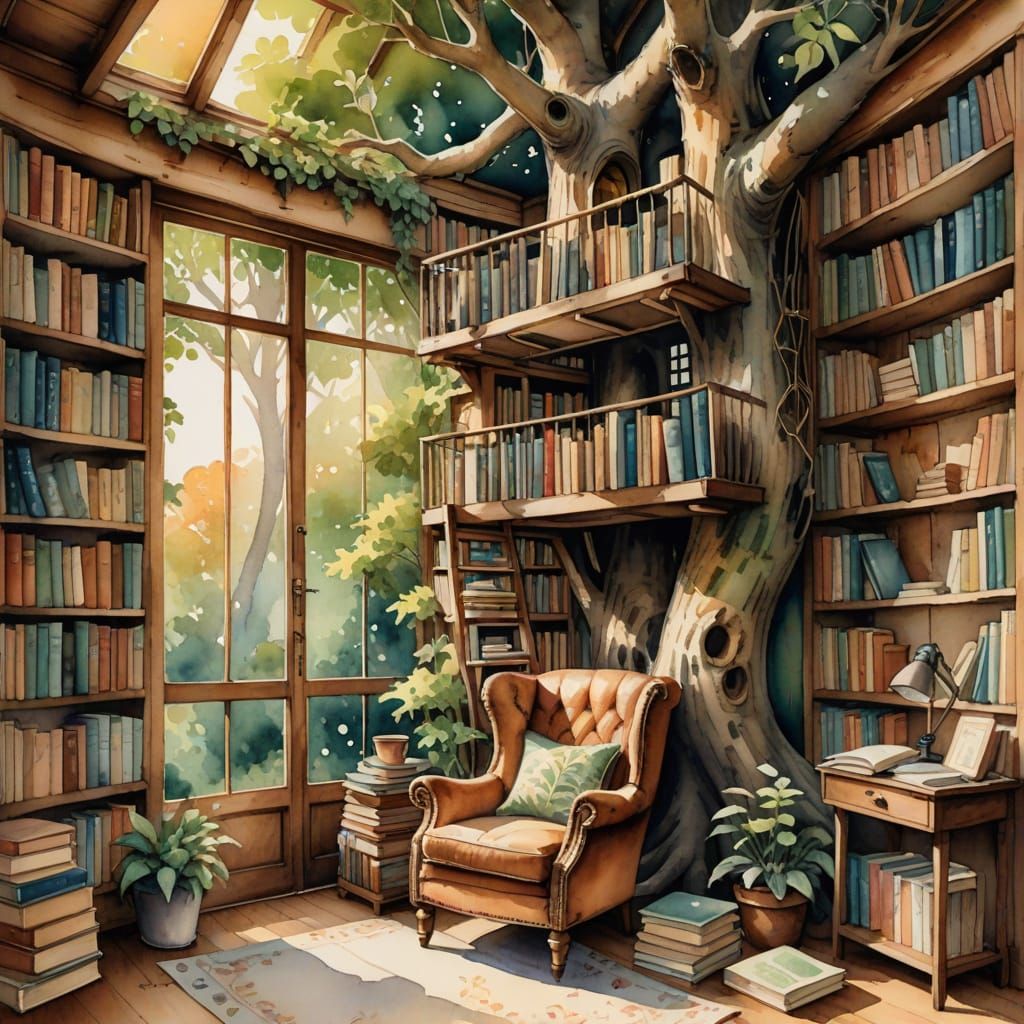 Cozy Treehouse Library in Watercolor Style