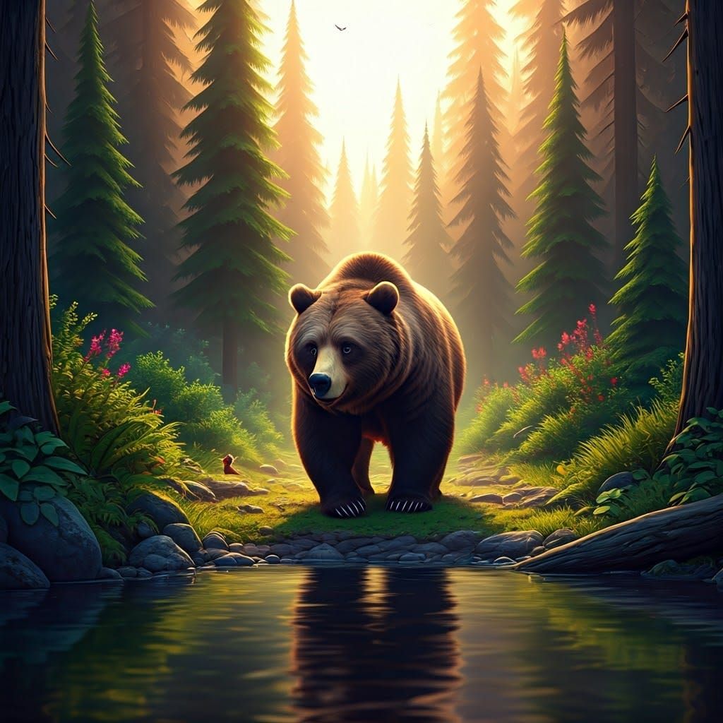 Grizzly Bear and Duck in Whimsical 3D Landscape