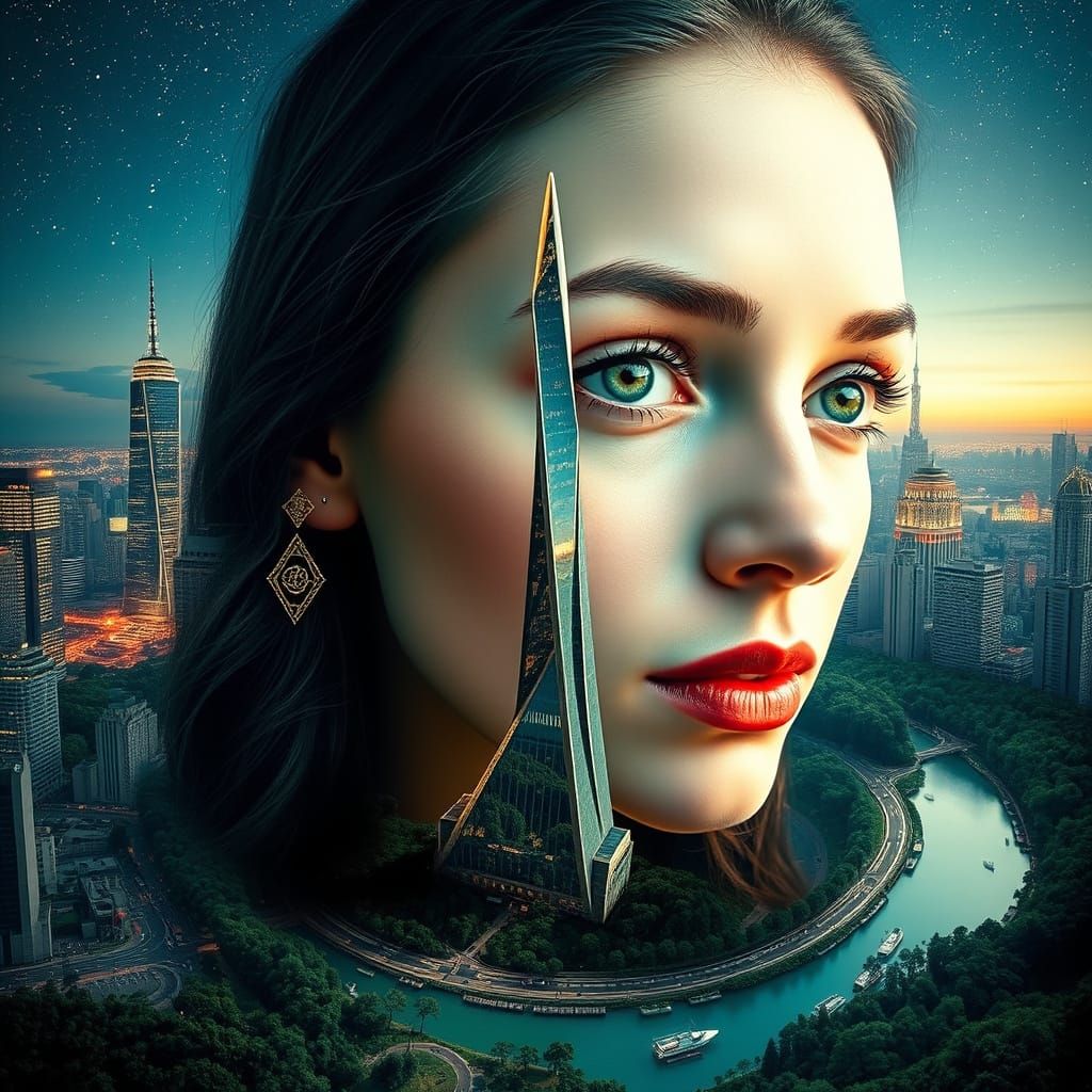 Surreal Double Exposure: Woman and Futuristic Cityscape