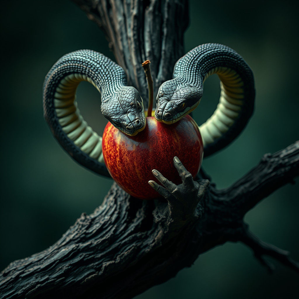 Serpents Biting Apple in Hyperrealistic Detail