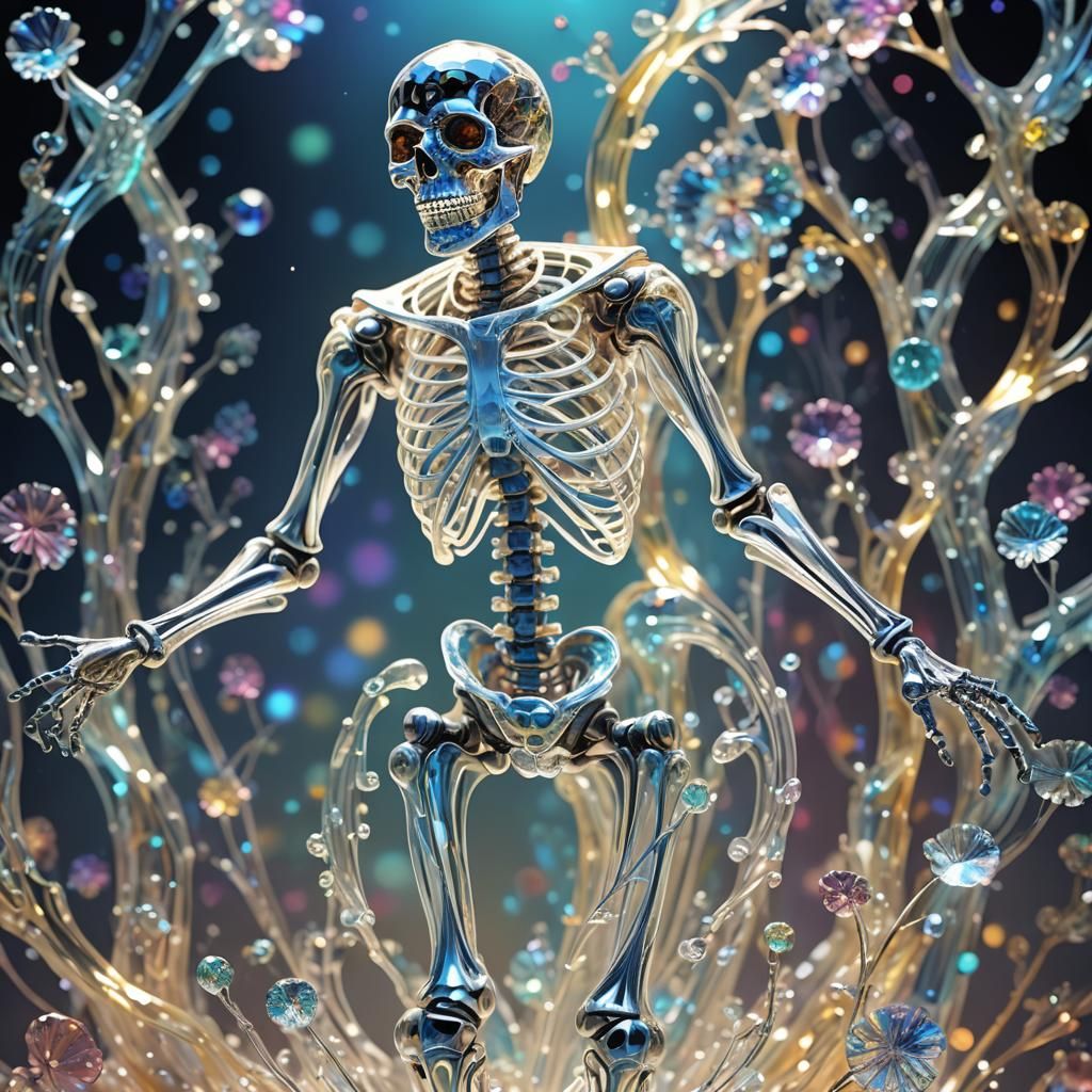 Crystal Glass Skeleton Sculpture: Luminous Dance of Death