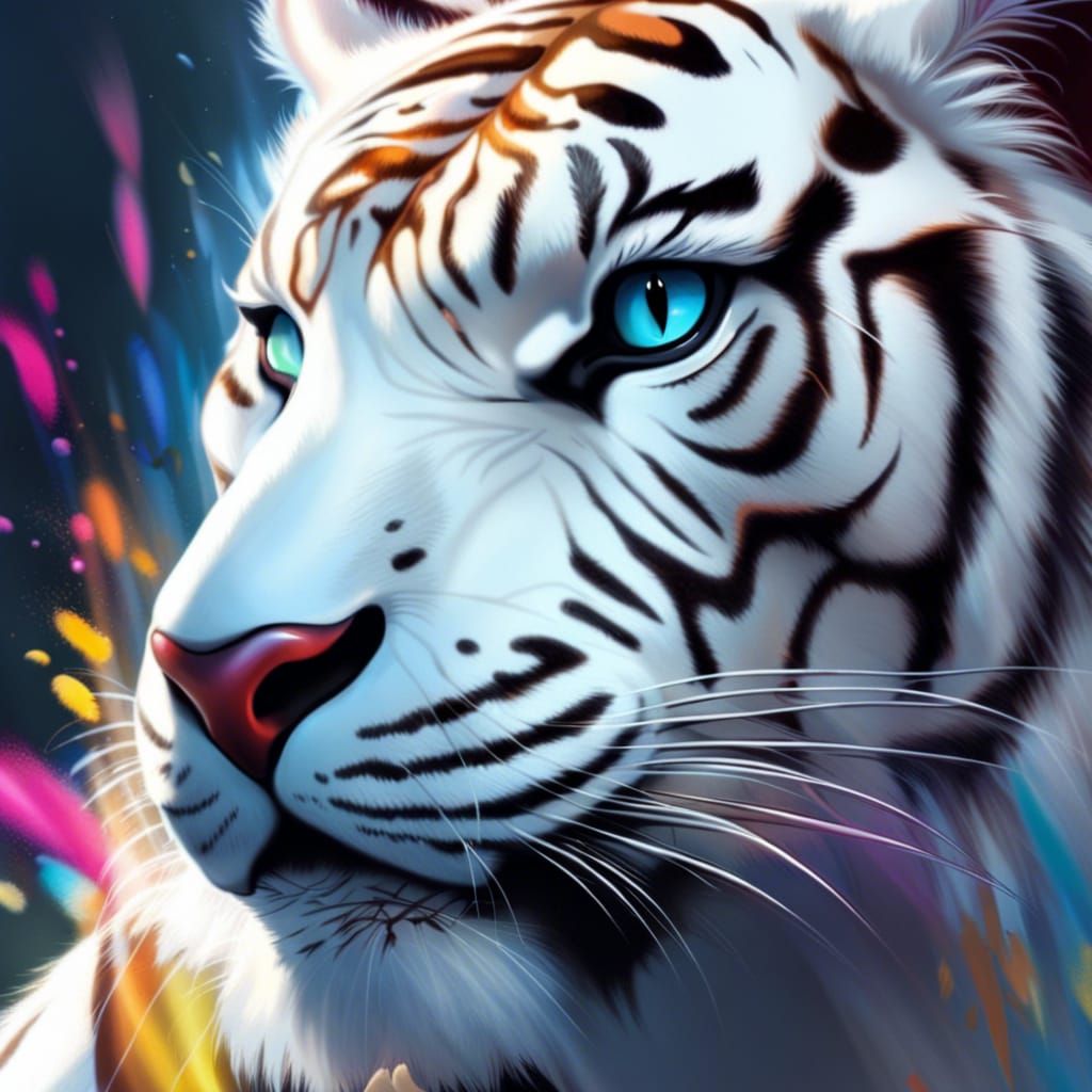 Hyperrealistic White Tigress Splash Art Portrait