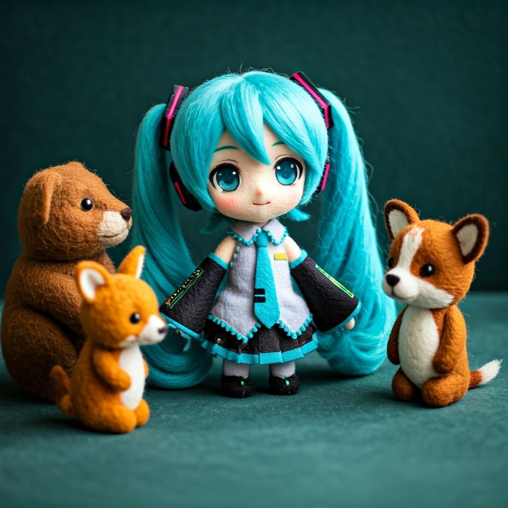 Felt Friends Surround Tiny Hatsune Miku Doll