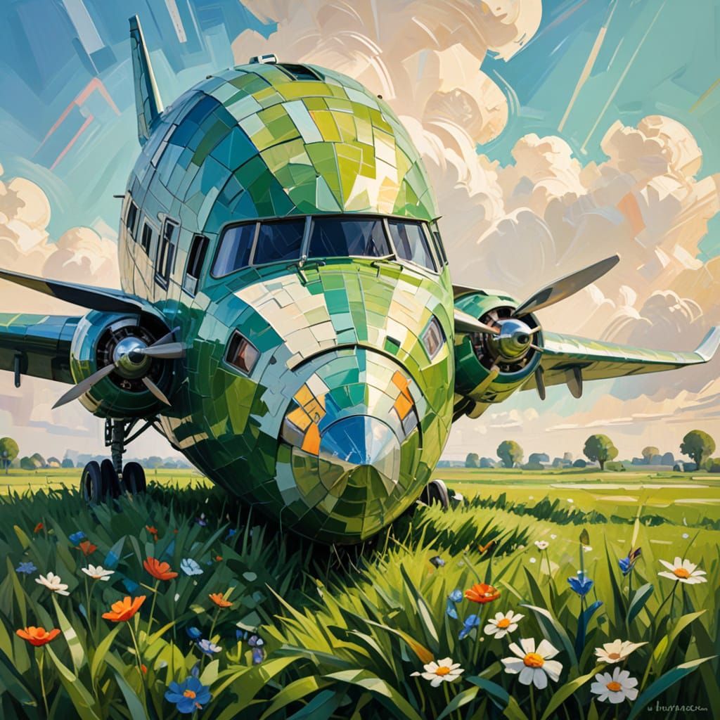 Anthropomorphic Plane Grazes in Lush Field as Cubist Paintin...