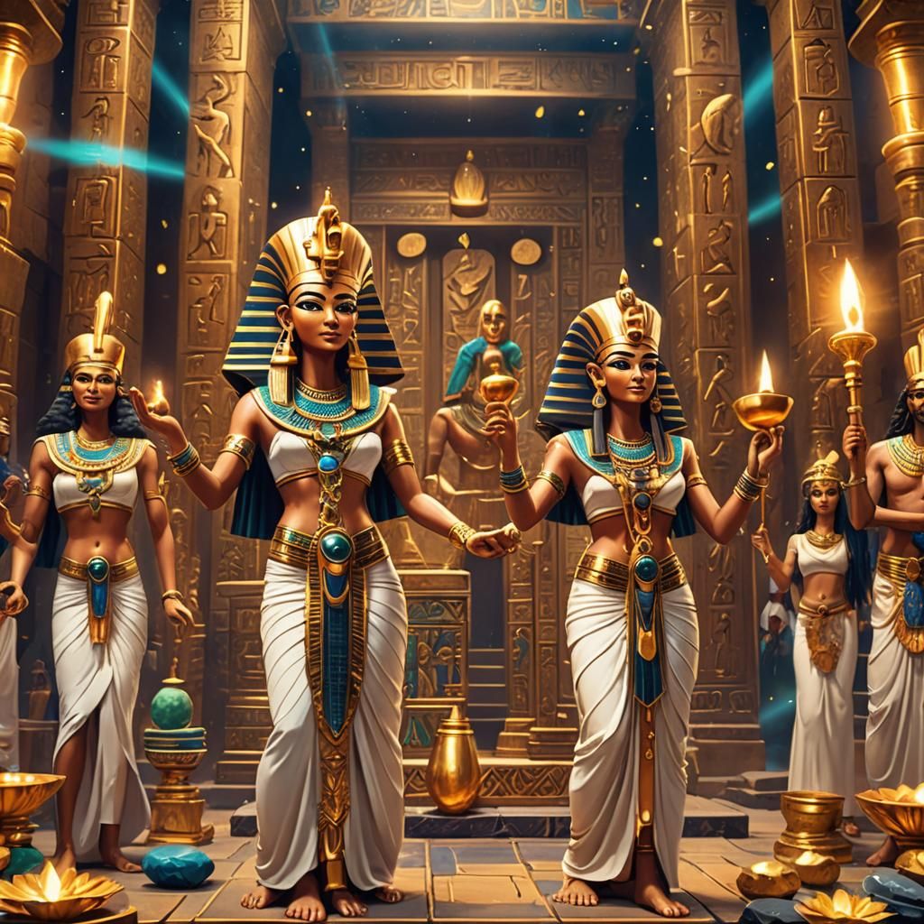Egyptian Ceremony with Golden Temple and Offerings