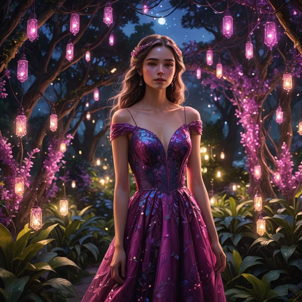Magenta Dress in Moonlit Garden: Fantasy Art