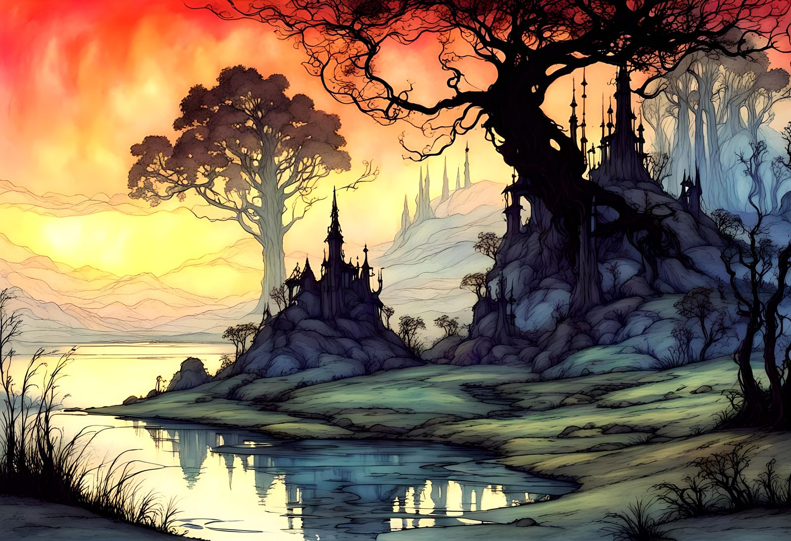Beautiful fantasy fairy landscape by arthur rackham, neon si...