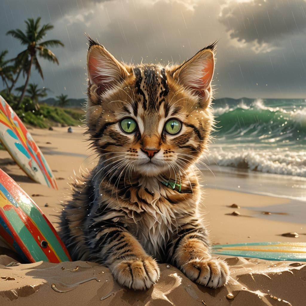 Kitten Hiding from Storm on Beach, Detailed Digital Art