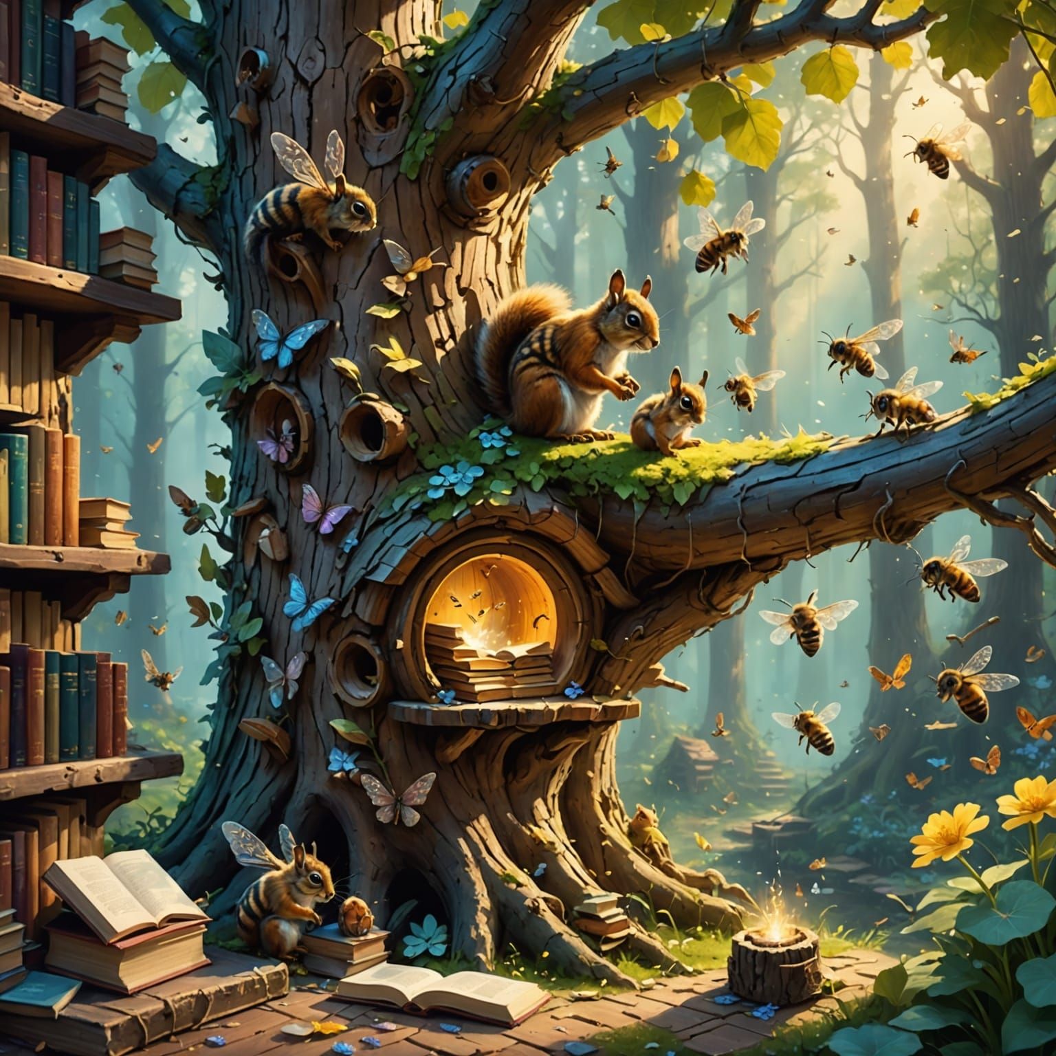 Whimsical Treehouse Library in Ethereal Fantasy Style