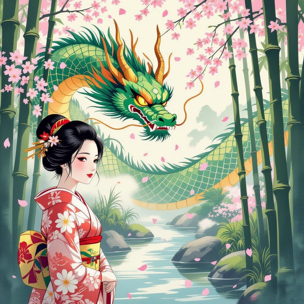 Woman in Japanese Garden with Serpentine Dragon