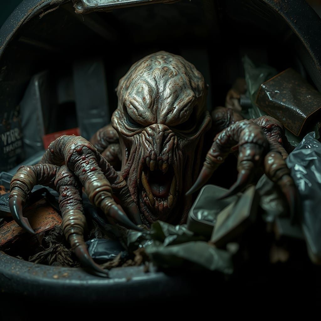 Grotesque Monster Peeks From Trash Bin: Hyperrealistic HDR