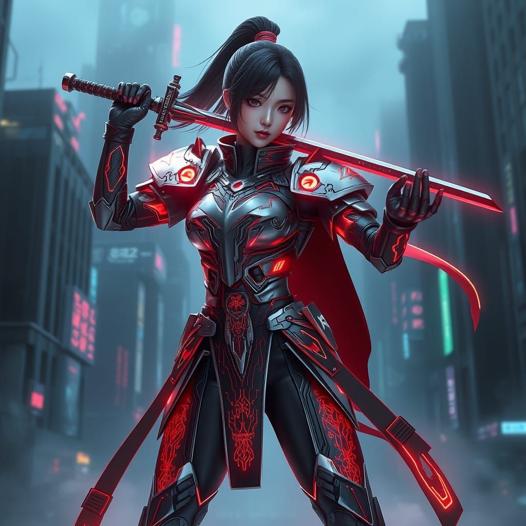 Heroic Korean Female Warrior in Cyberpunk Armor