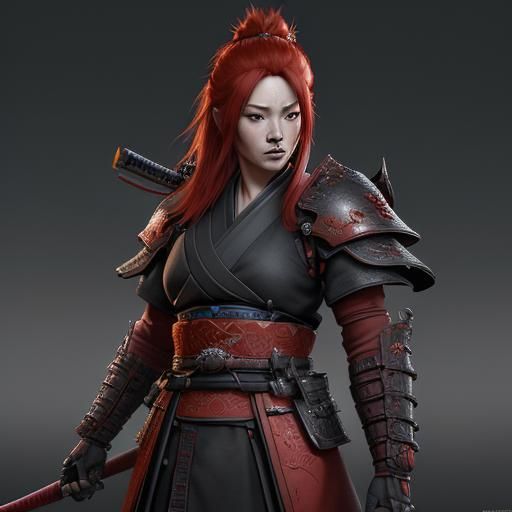 Red-Haired Samurai in Detailed Matte Painting