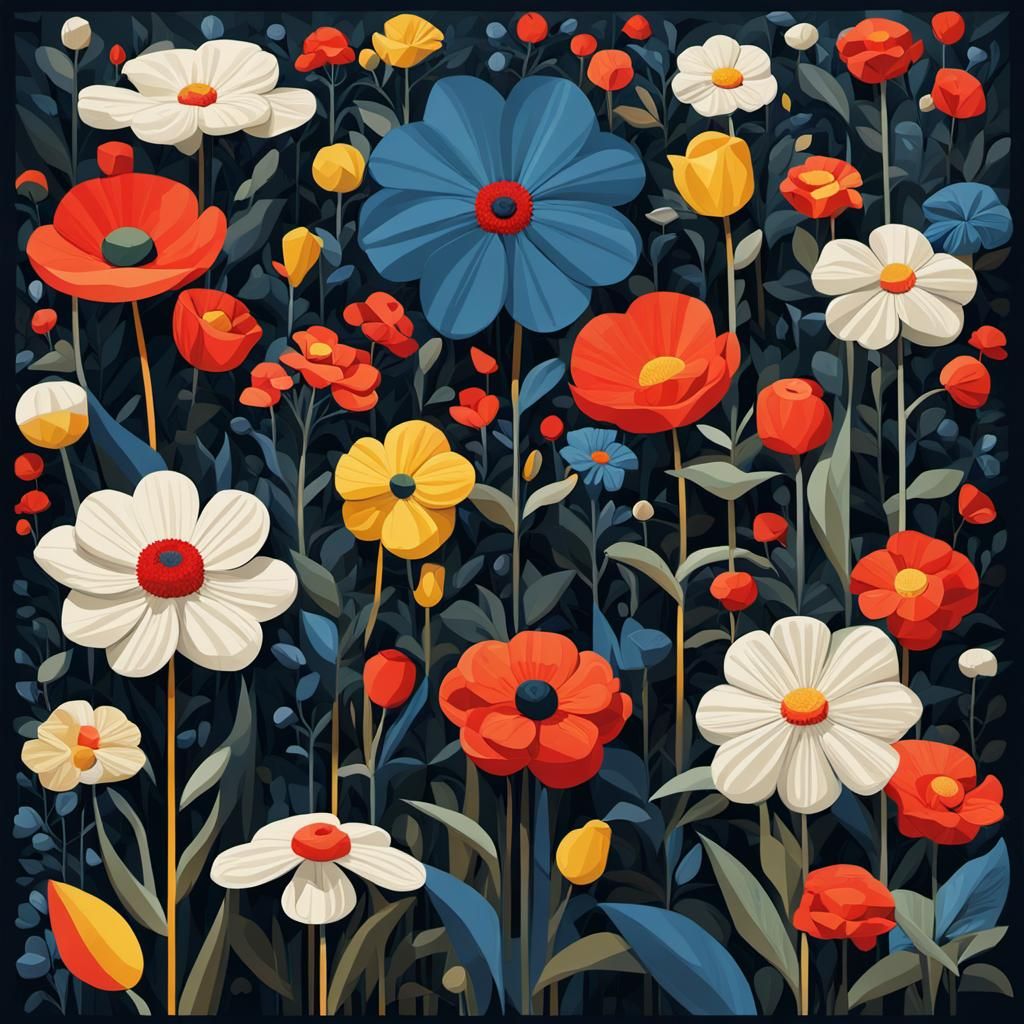 Geometric Floral Garden in Retro Poster Art Style