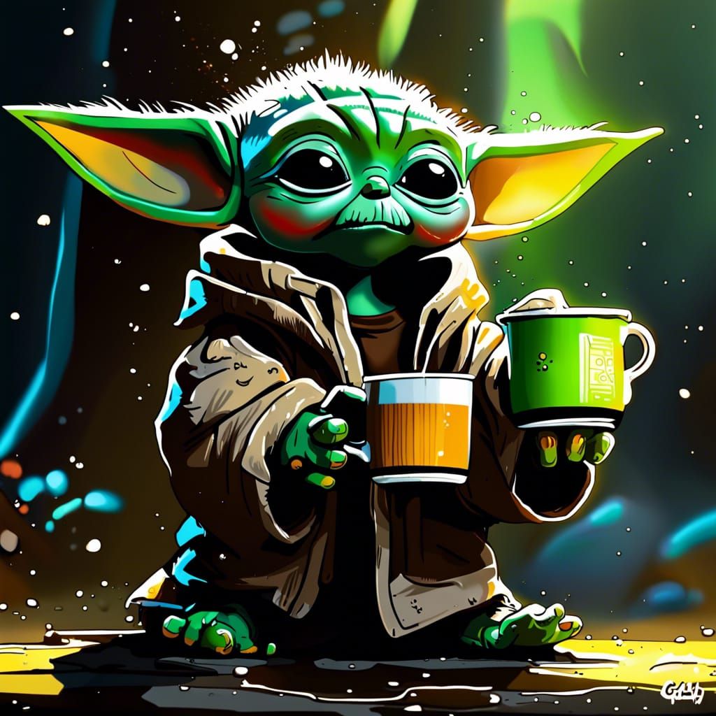 Baby Yoda as Calvin and Hobbes Graffiti Art